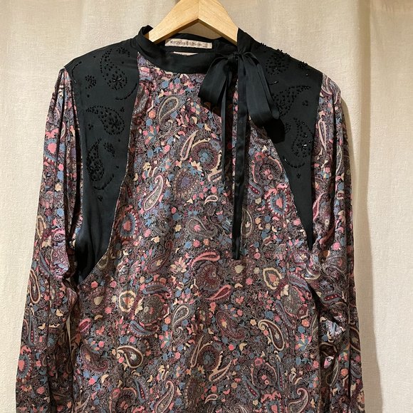 Evening 80s 💯silk blouse from Mercedes & Adrienne paisley beaded tie collar - Picture 5 of 14